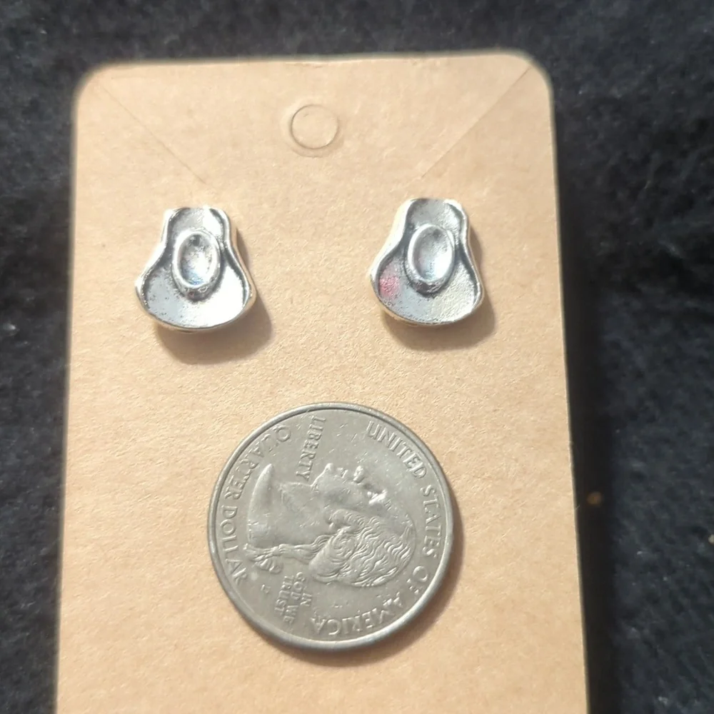 Silver Tone Cowboy Hat Dainty Delicate Stud Statement Earrings